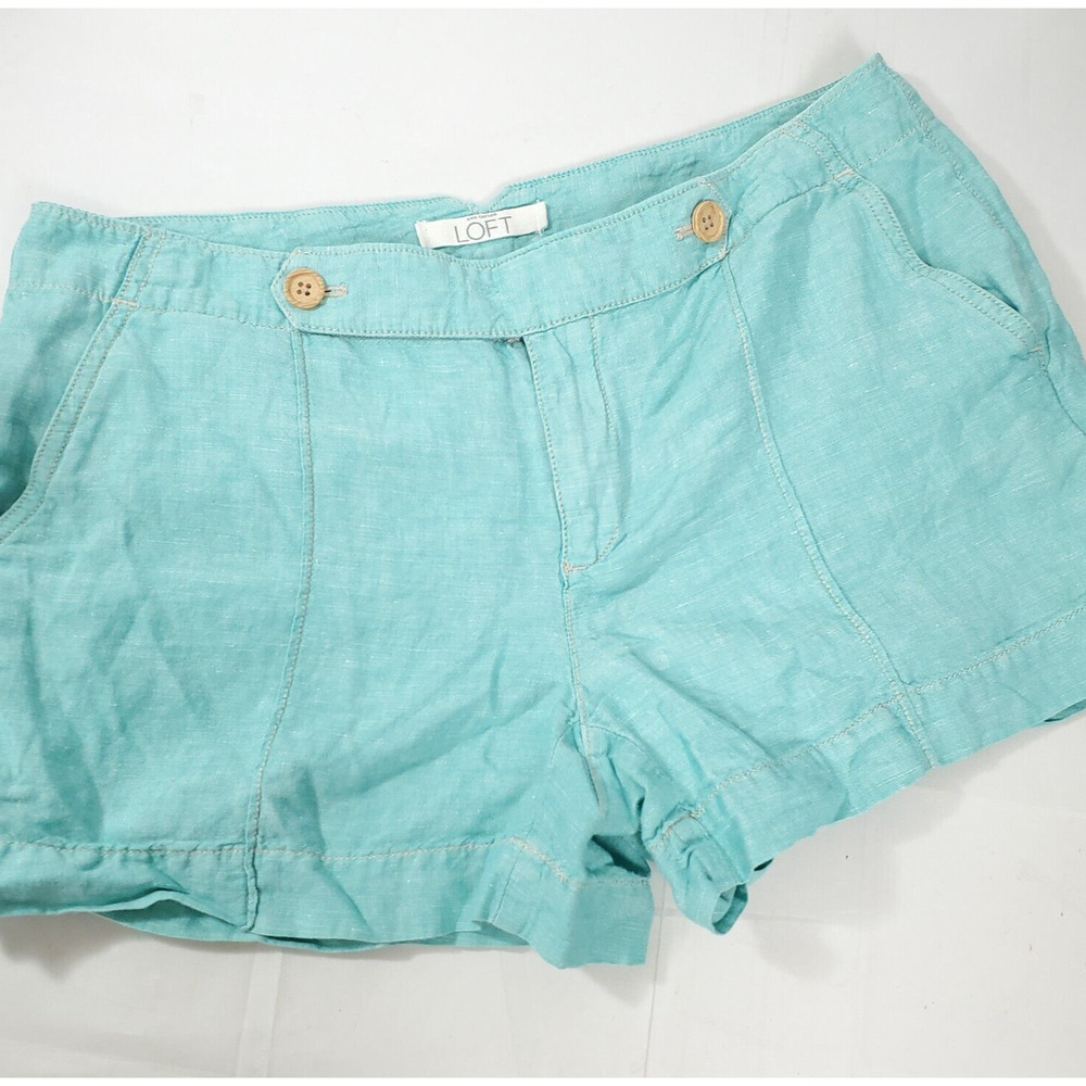 LOFT Linen Shorts Size 6 Blue Green Rolled Cuff